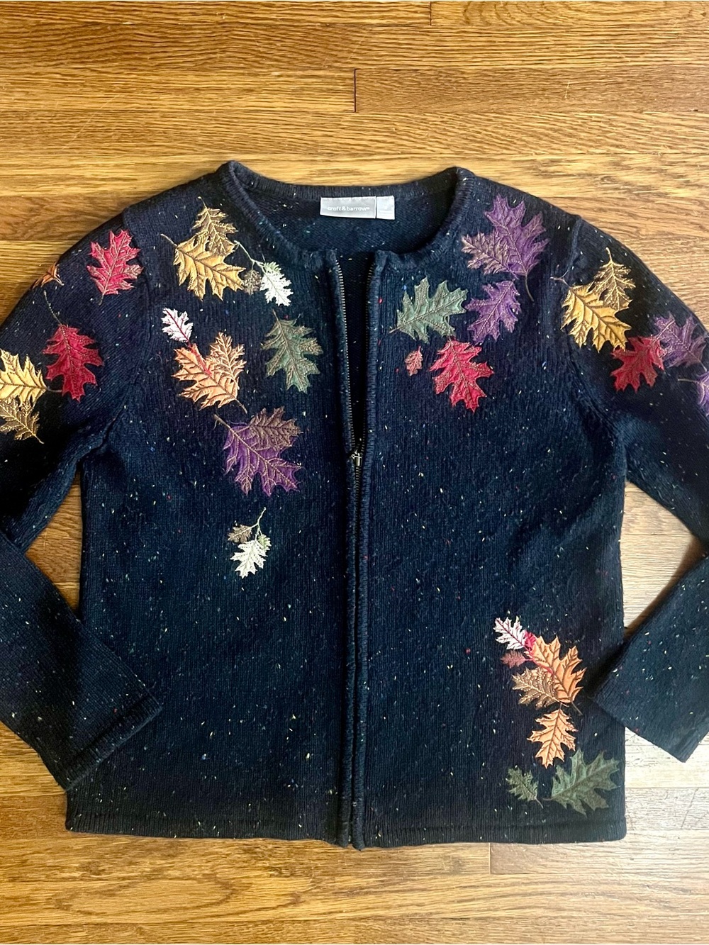 Croft Barrow M silk blend cardigan Fall leaves embroidery grandma granola